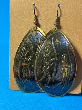 Brass Teardrop Tribal Motif Dangle Earrings - Gold & Iridescent